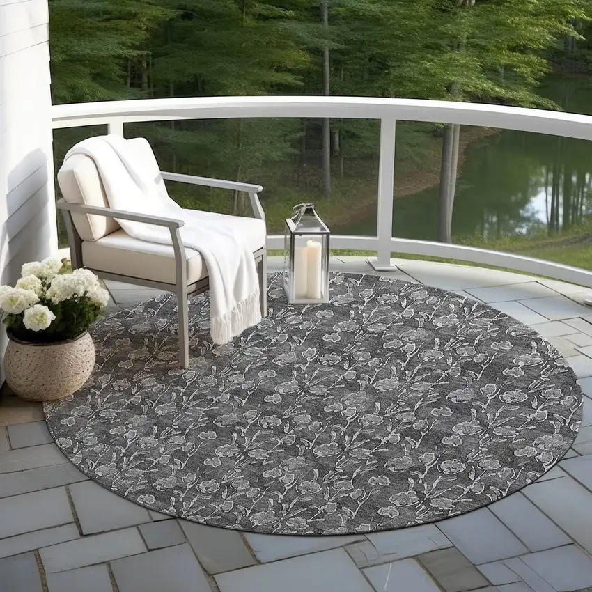 8' Gray Charcoal And Silver Round Floral Washable Indoor Outdoor Area Rug Photo 6