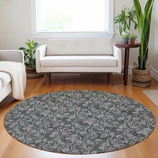 8' Gray Charcoal And Silver Round Floral Washable Indoor Outdoor Area Rug Photo 7