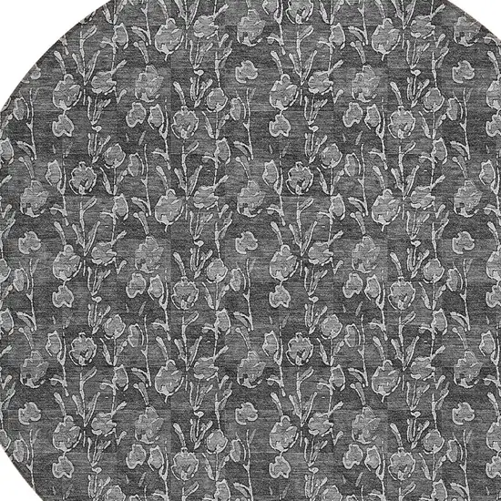 8' Gray Charcoal And Silver Round Floral Washable Indoor Outdoor Area Rug Photo 4