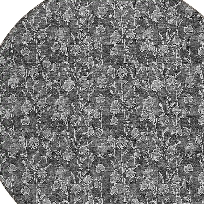 8' Gray Charcoal And Silver Round Floral Washable Indoor Outdoor Area Rug Photo 4