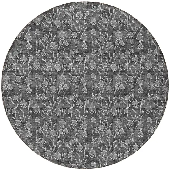 8' Gray Charcoal And Silver Round Floral Washable Indoor Outdoor Area Rug Photo 5