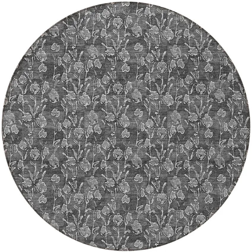 8' Gray Charcoal And Silver Round Floral Washable Indoor Outdoor Area Rug Photo 5