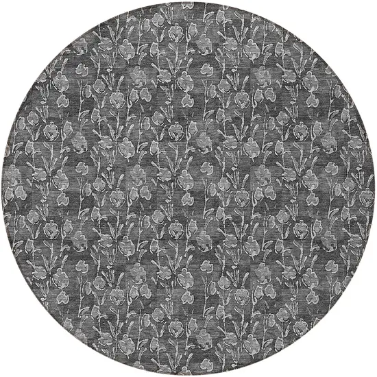 8' Gray Charcoal And Silver Round Floral Washable Indoor Outdoor Area Rug Photo 5