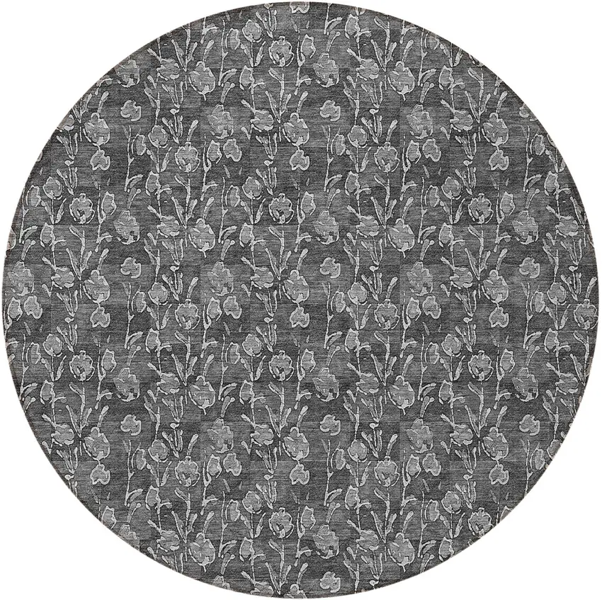 8' Gray Charcoal And Silver Round Floral Washable Indoor Outdoor Area Rug Photo 5