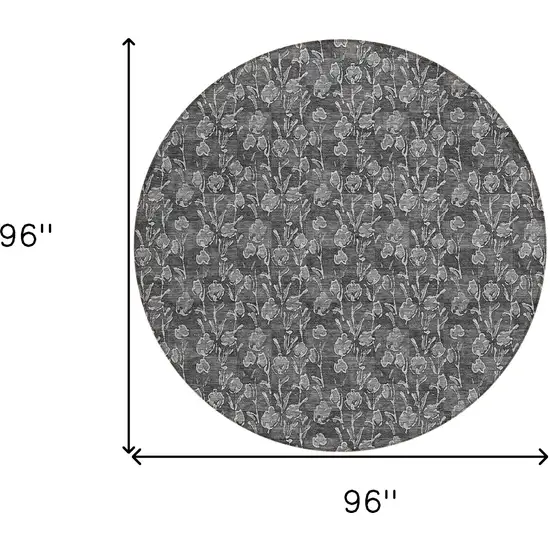 8' Gray Charcoal And Silver Round Floral Washable Indoor Outdoor Area Rug Photo 3