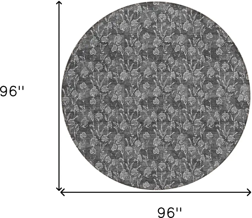 8' Gray Charcoal And Silver Round Floral Washable Indoor Outdoor Area Rug Photo 3