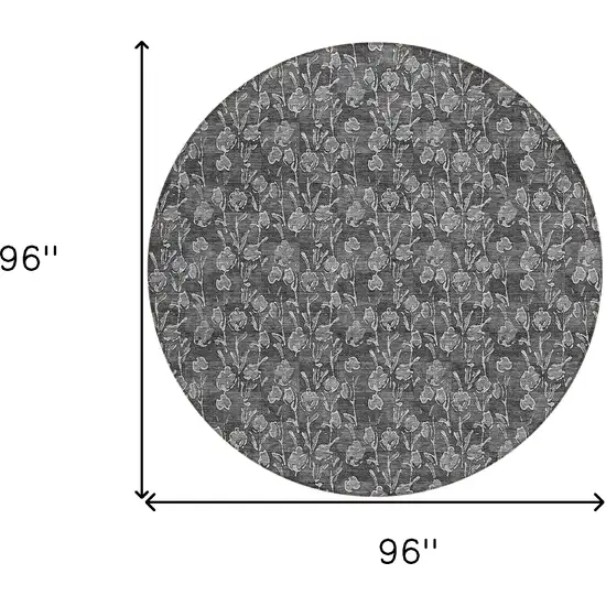 8' Gray Charcoal And Silver Round Floral Washable Indoor Outdoor Area Rug Photo 3