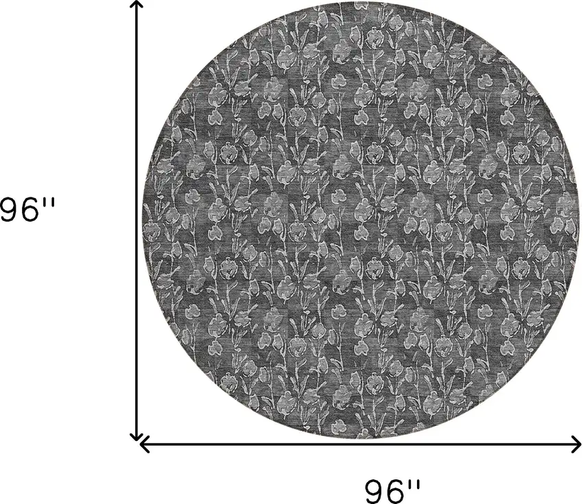 8' Gray Charcoal And Silver Round Floral Washable Indoor Outdoor Area Rug Photo 3