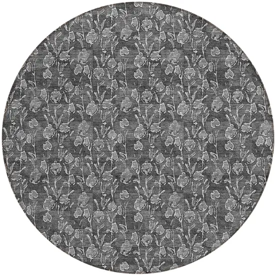 8' Gray Charcoal And Silver Round Floral Washable Indoor Outdoor Area Rug Photo 2