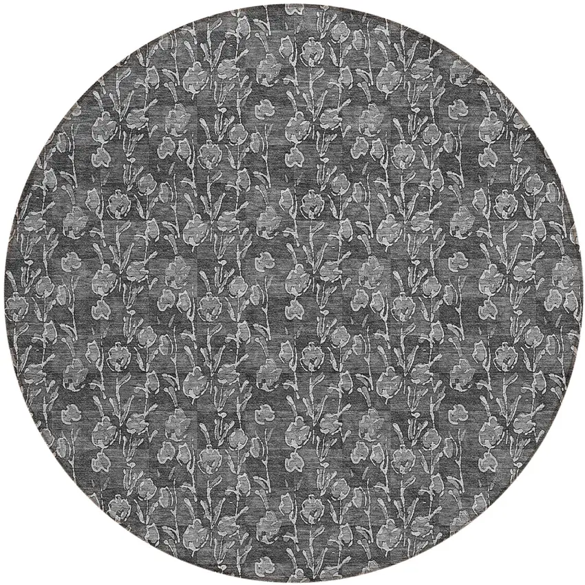 8' Gray Charcoal And Silver Round Floral Washable Indoor Outdoor Area Rug Photo 2