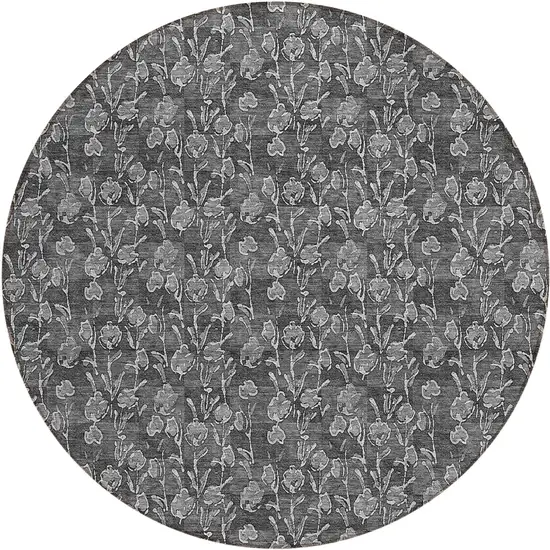 8' Gray Charcoal And Silver Round Floral Washable Indoor Outdoor Area Rug Photo 2