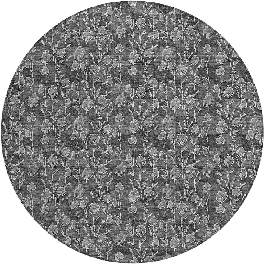 8' Gray Charcoal And Silver Round Floral Washable Indoor Outdoor Area Rug Photo 2
