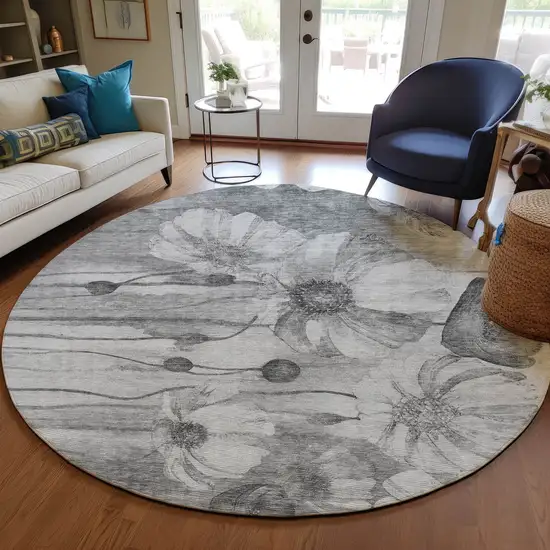 8' Gray Charcoal And Silver Round Floral Washable Indoor Outdoor Area Rug Photo 7