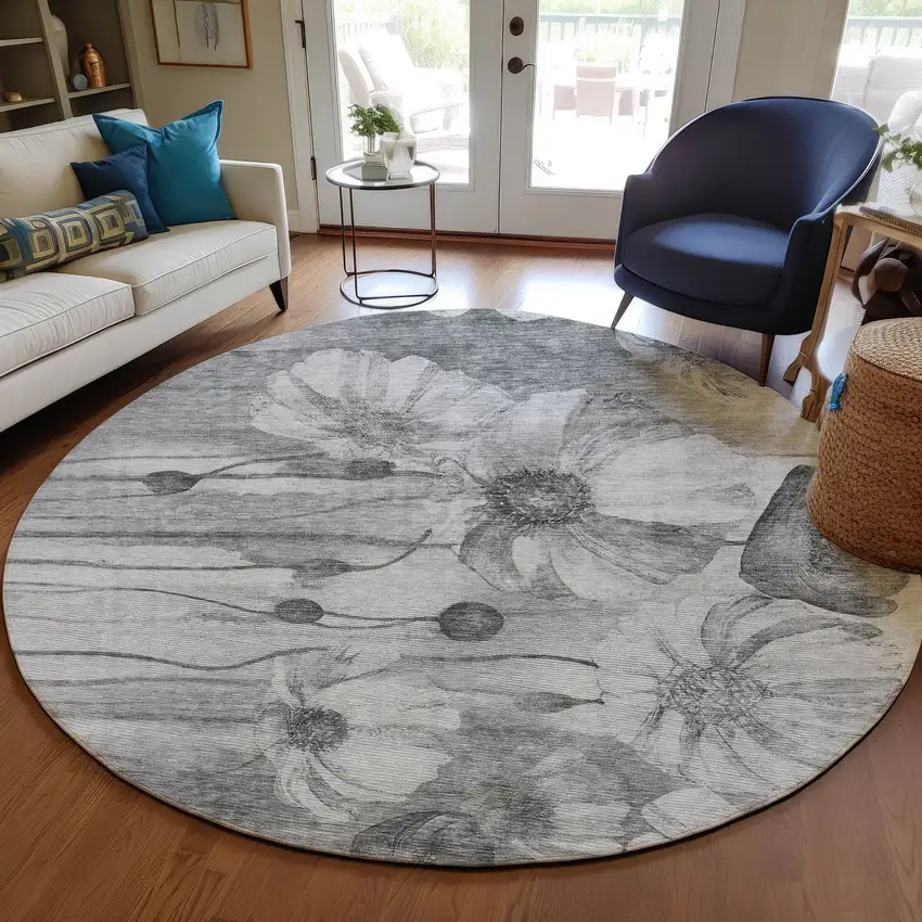 8' Gray Charcoal And Silver Round Floral Washable Indoor Outdoor Area Rug Photo 7