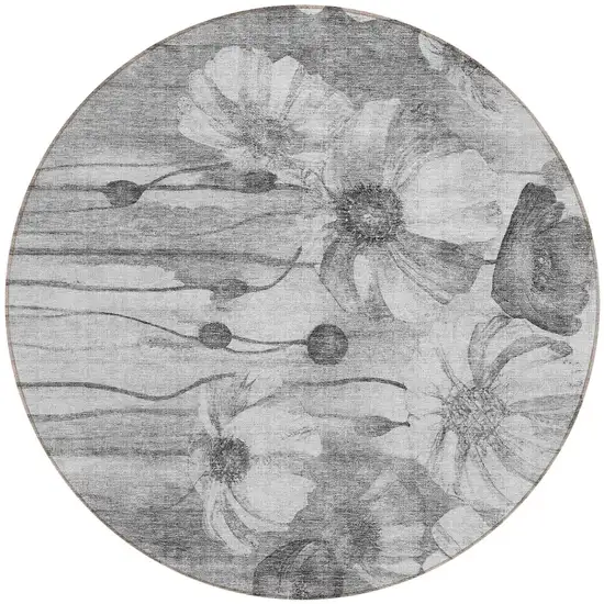 8' Gray Charcoal And Silver Round Floral Washable Indoor Outdoor Area Rug Photo 5