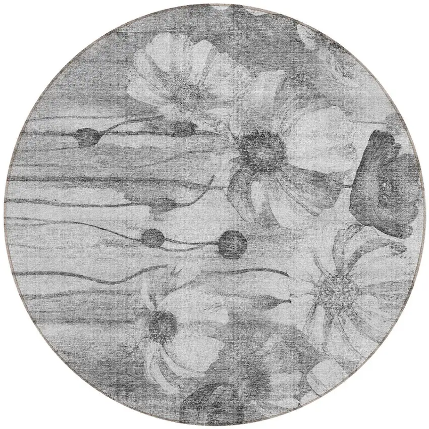 8' Gray Charcoal And Silver Round Floral Washable Indoor Outdoor Area Rug Photo 5
