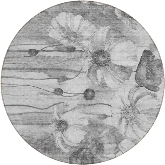 8' Gray Charcoal And Silver Round Floral Washable Indoor Outdoor Area Rug Photo 1
