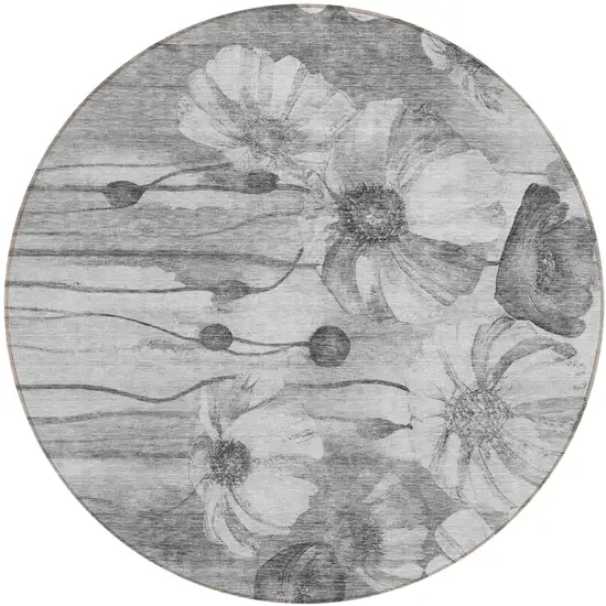 8' Gray Charcoal And Silver Round Floral Washable Indoor Outdoor Area Rug Photo 1