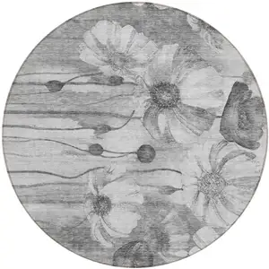 Photo of 8' Gray Charcoal And Silver Round Floral Washable Indoor Outdoor Area Rug