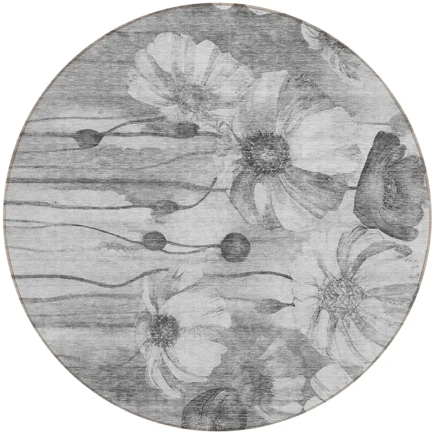 8' Gray Charcoal And Silver Round Floral Washable Indoor Outdoor Area Rug Photo 1