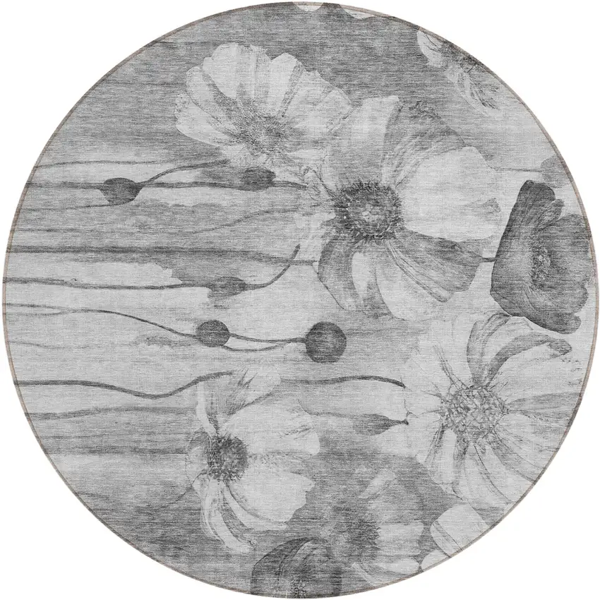 8' Gray Charcoal And Silver Round Floral Washable Indoor Outdoor Area Rug Photo 1