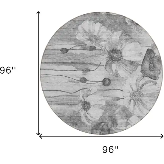 8' Gray Charcoal And Silver Round Floral Washable Indoor Outdoor Area Rug Photo 3