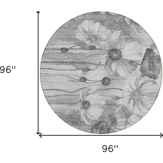 8' Gray Charcoal And Silver Round Floral Washable Indoor Outdoor Area Rug Photo 3