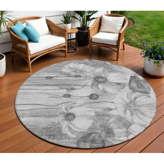 8' Gray Charcoal And Silver Round Floral Washable Indoor Outdoor Area Rug Photo 1