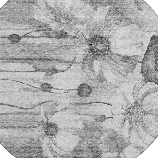 8' Gray Charcoal And Silver Round Floral Washable Indoor Outdoor Area Rug Photo 4