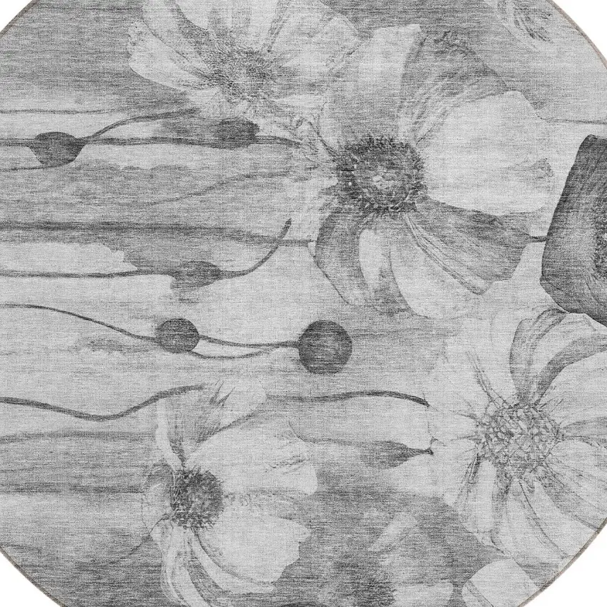 8' Gray Charcoal And Silver Round Floral Washable Indoor Outdoor Area Rug Photo 4