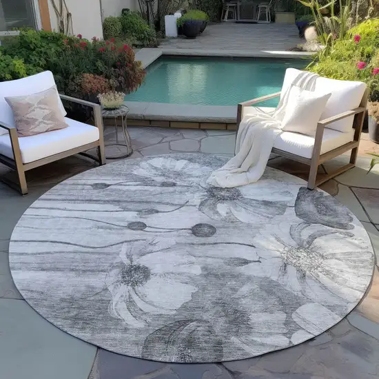 8' Gray Charcoal And Silver Round Floral Washable Indoor Outdoor Area Rug Photo 6