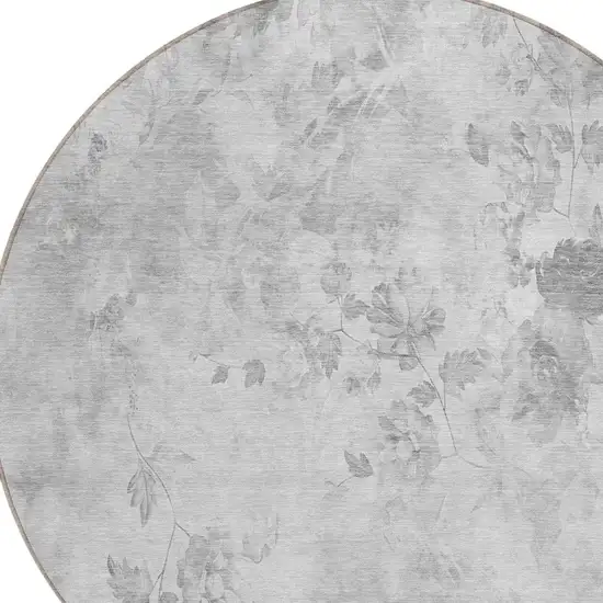 8' Gray Charcoal And Silver Round Floral Washable Indoor Outdoor Area Rug Photo 4