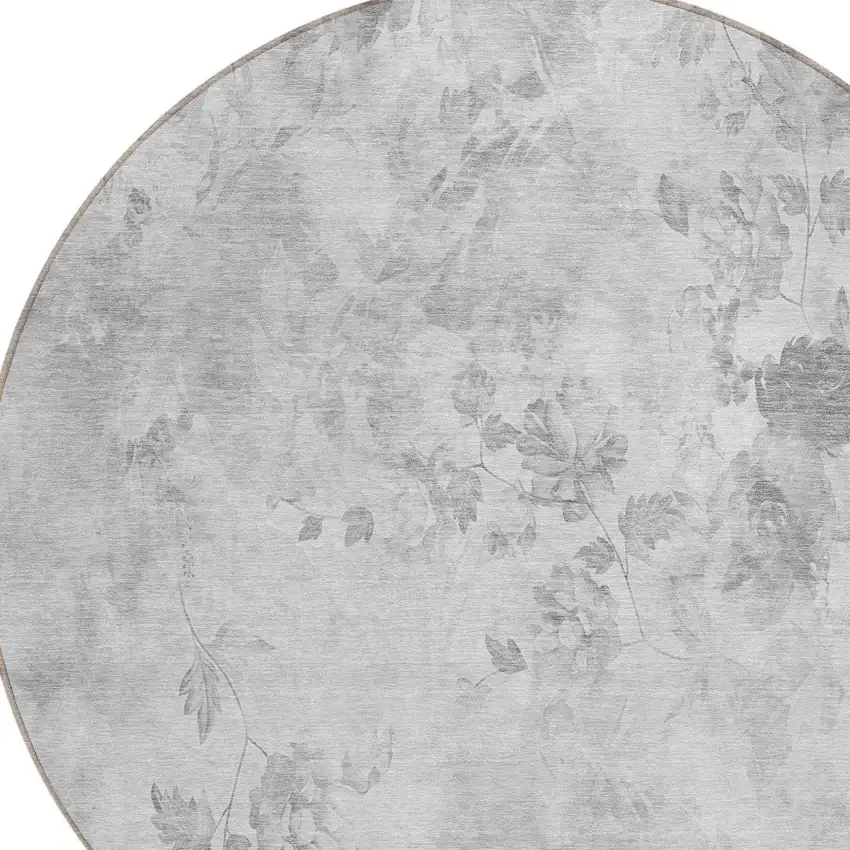 8' Gray Charcoal And Silver Round Floral Washable Indoor Outdoor Area Rug Photo 4