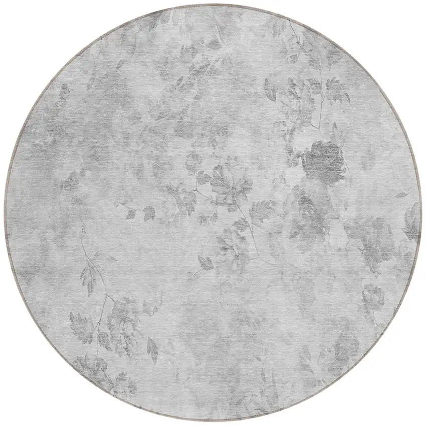 8' Gray Charcoal And Silver Round Floral Washable Indoor Outdoor Area Rug Photo 5
