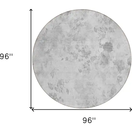 8' Gray Charcoal And Silver Round Floral Washable Indoor Outdoor Area Rug Photo 9