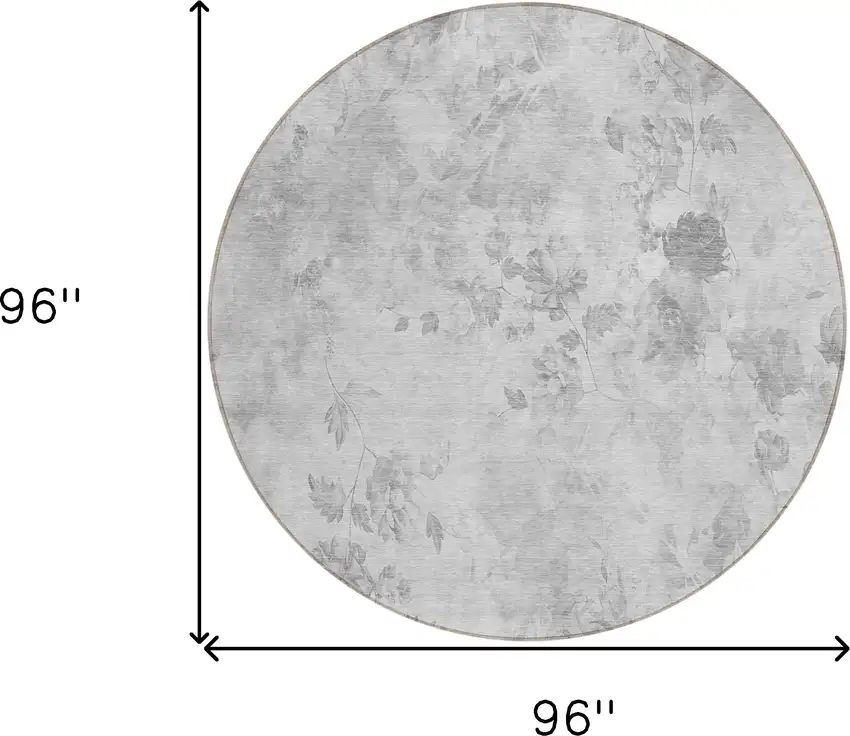 8' Gray Charcoal And Silver Round Floral Washable Indoor Outdoor Area Rug Photo 9