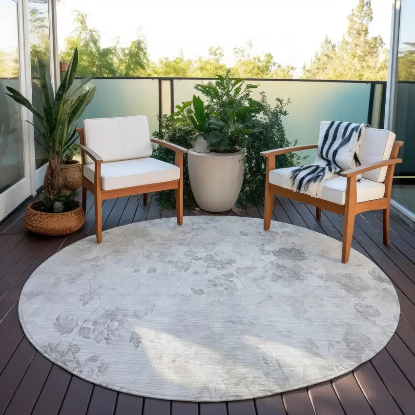 8' Gray Charcoal And Silver Round Floral Washable Indoor Outdoor Area Rug Photo 6
