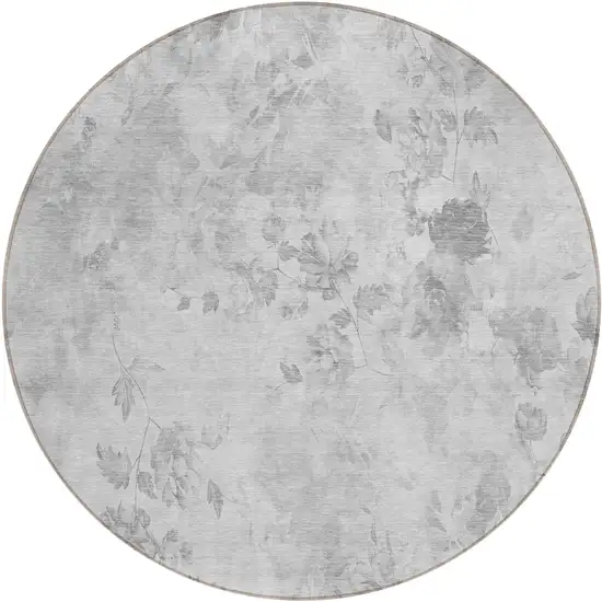 8' Gray Charcoal And Silver Round Floral Washable Indoor Outdoor Area Rug Photo 2