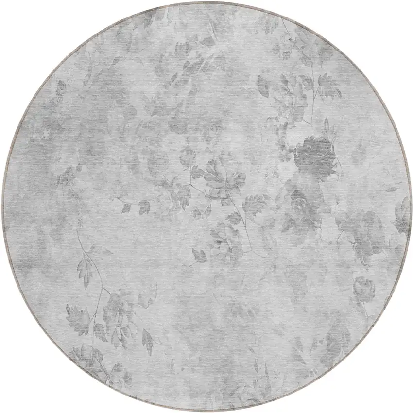 8' Gray Charcoal And Silver Round Floral Washable Indoor Outdoor Area Rug Photo 2