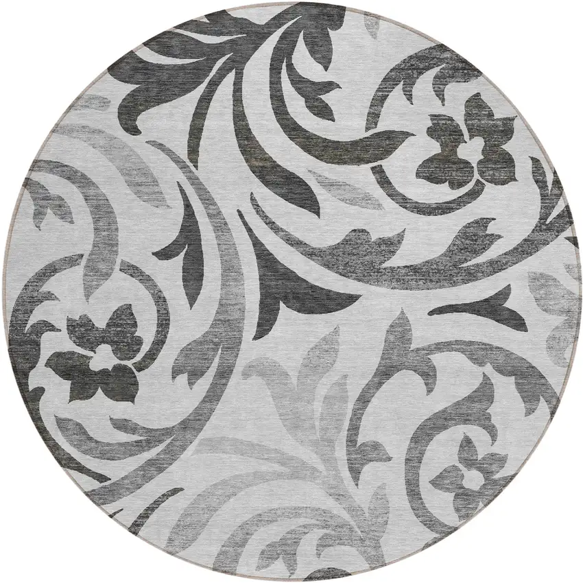 8' Gray Charcoal And Silver Round Floral Washable Indoor Outdoor Area Rug Photo 1
