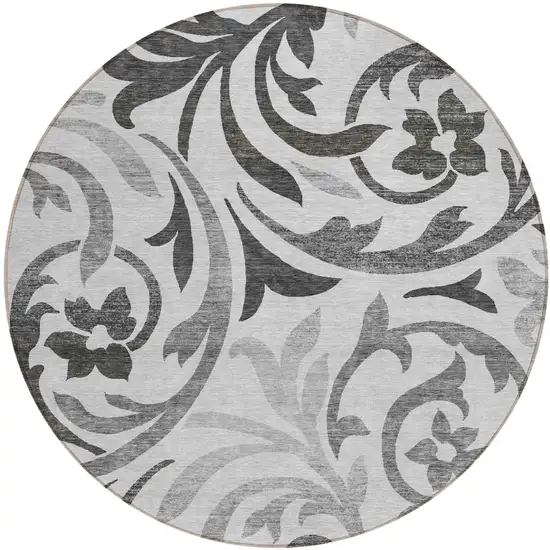 8' Gray Charcoal And Silver Round Floral Washable Indoor Outdoor Area Rug Photo 1