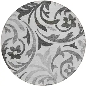 Photo of 8' Gray Charcoal And Silver Round Floral Washable Indoor Outdoor Area Rug