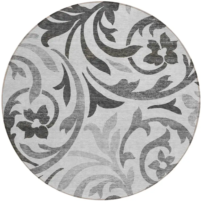 8' Gray Charcoal And Silver Round Floral Washable Indoor Outdoor Area Rug Photo 1