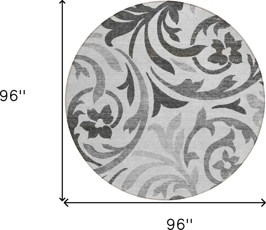 8' Gray Charcoal And Silver Round Floral Washable Indoor Outdoor Area Rug Photo 8