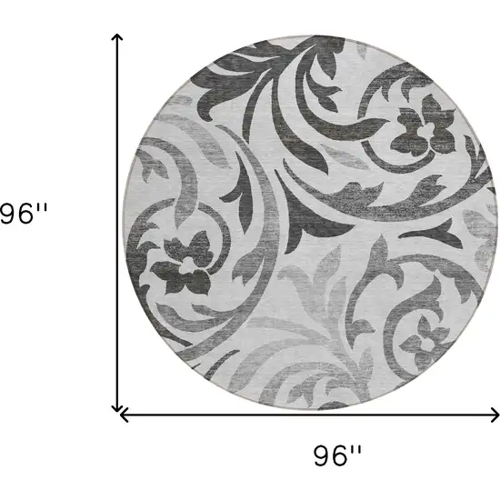 8' Gray Charcoal And Silver Round Floral Washable Indoor Outdoor Area Rug Photo 8