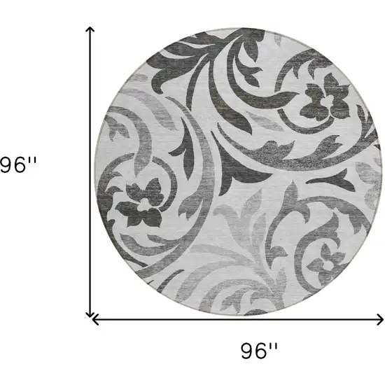 8' Gray Charcoal And Silver Round Floral Washable Indoor Outdoor Area Rug Photo 8