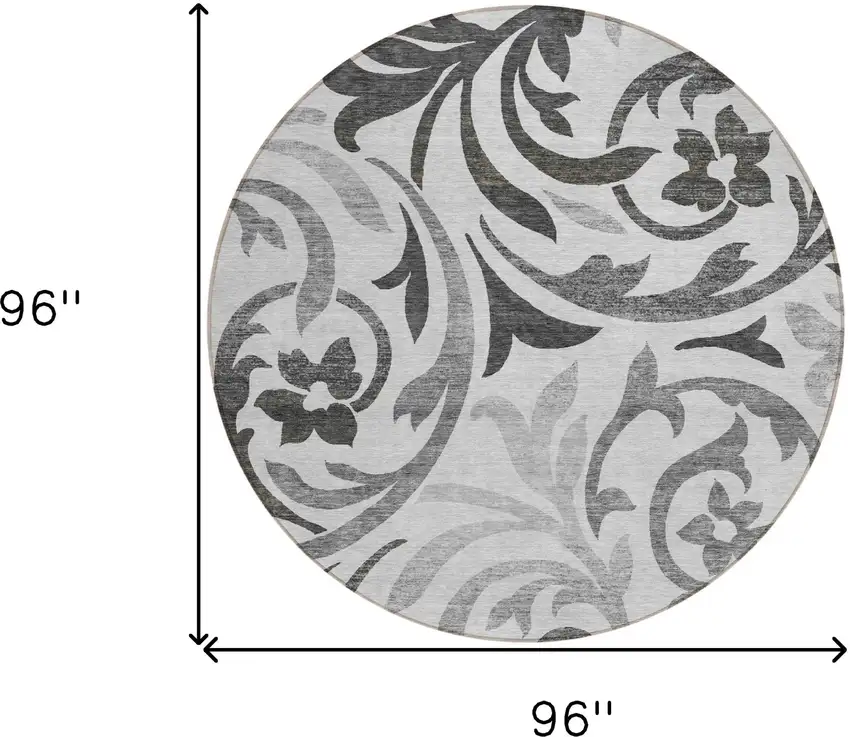 8' Gray Charcoal And Silver Round Floral Washable Indoor Outdoor Area Rug Photo 8