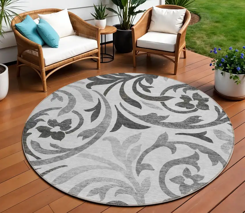 8' Gray Charcoal And Silver Round Floral Washable Indoor Outdoor Area Rug Photo 1