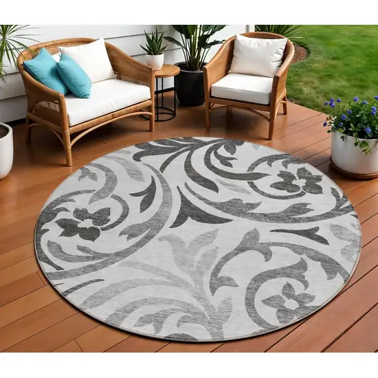 8' Gray Charcoal And Silver Round Floral Washable Indoor Outdoor Area Rug Photo 1