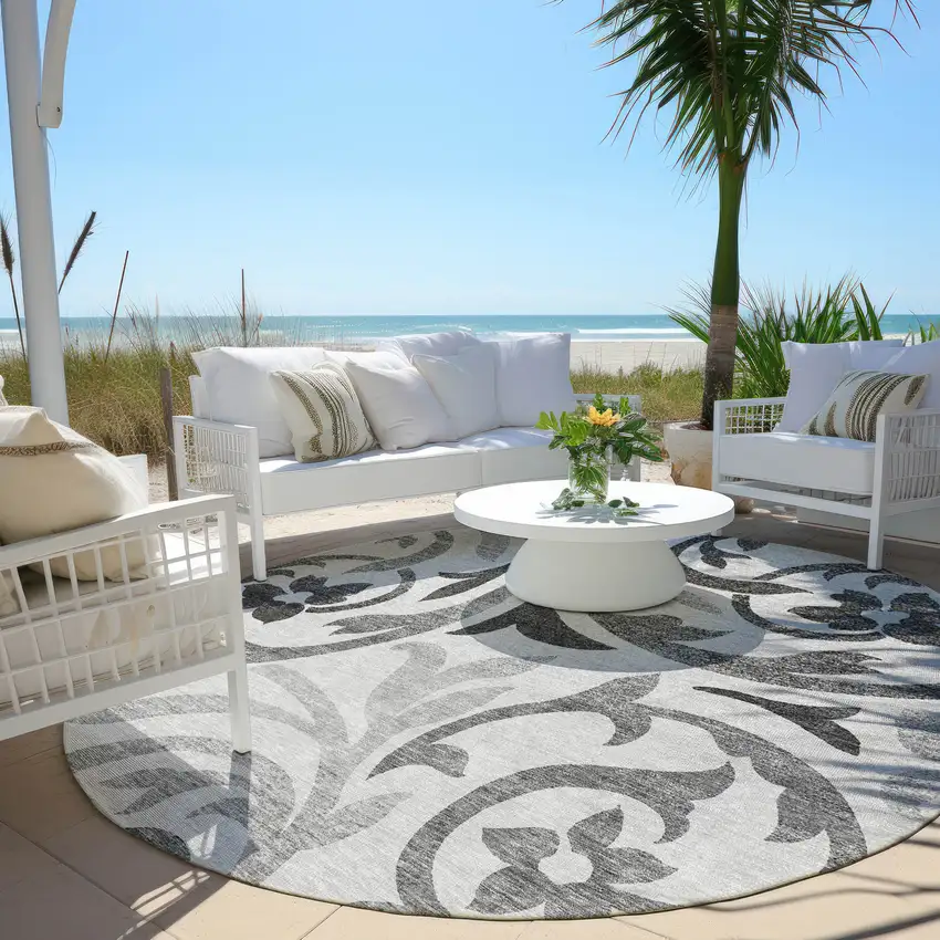 8' Gray Charcoal And Silver Round Floral Washable Indoor Outdoor Area Rug Photo 6